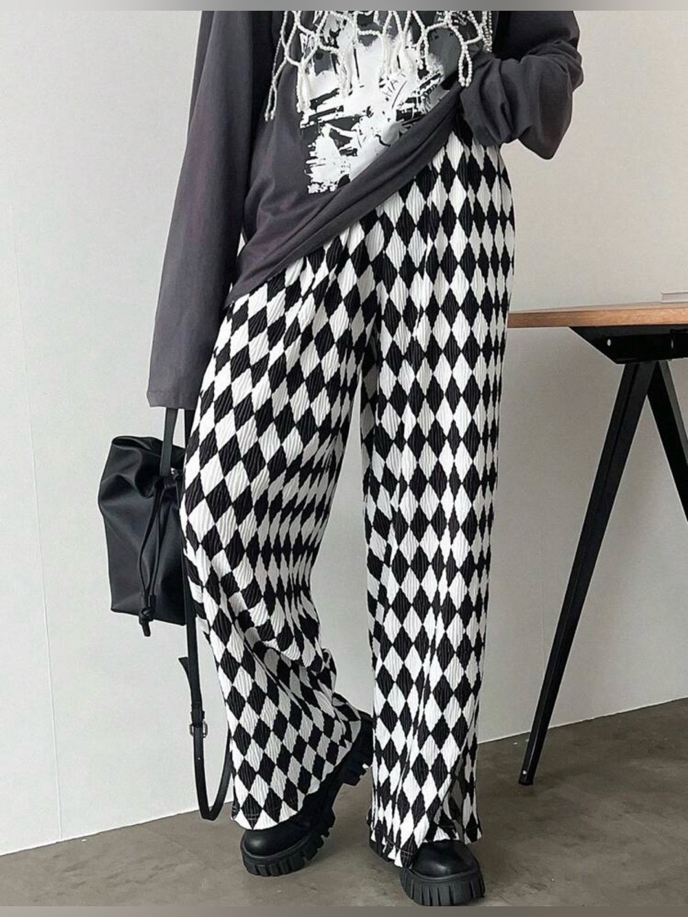 Balmain Black & White Diamond Knit Wide-Leg Pants 34